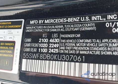 2019 Mercedes-Benz C 300 z USA, uszkodzony, nr VIN 55SWF8DB0KU307061